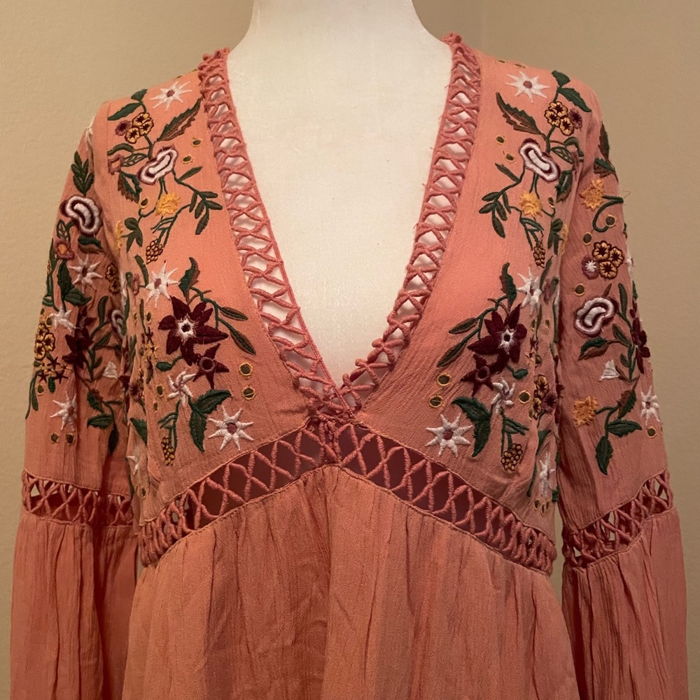 Pink Embroidered Altard State Dress Bell Sleeves